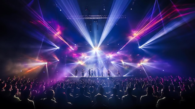 A crowd of people are standing in front of a stage with lights on it