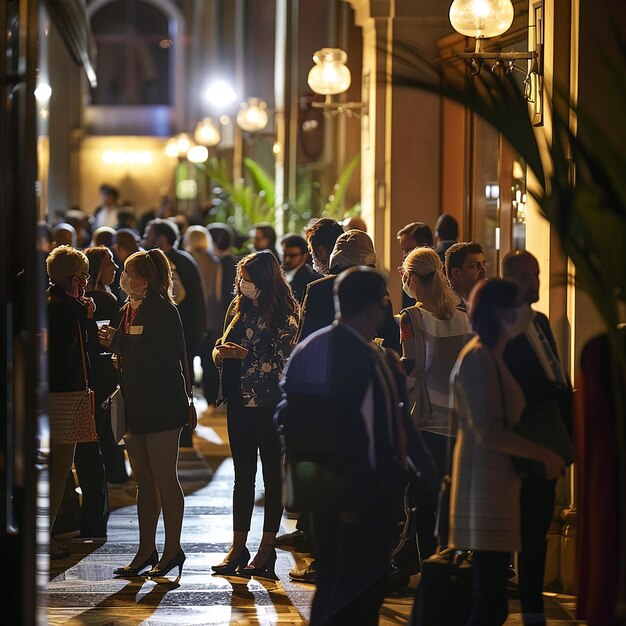 a crowd of people are standing outside of a building with a light on it