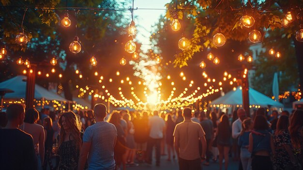 a crowd of people are walking under a canopy of lights