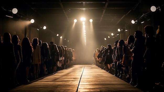 A crowd of people are walking down a runway with a spotlight on it.