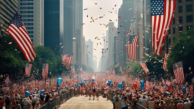 A crowd of people are walking down a street with balloons in the sky.