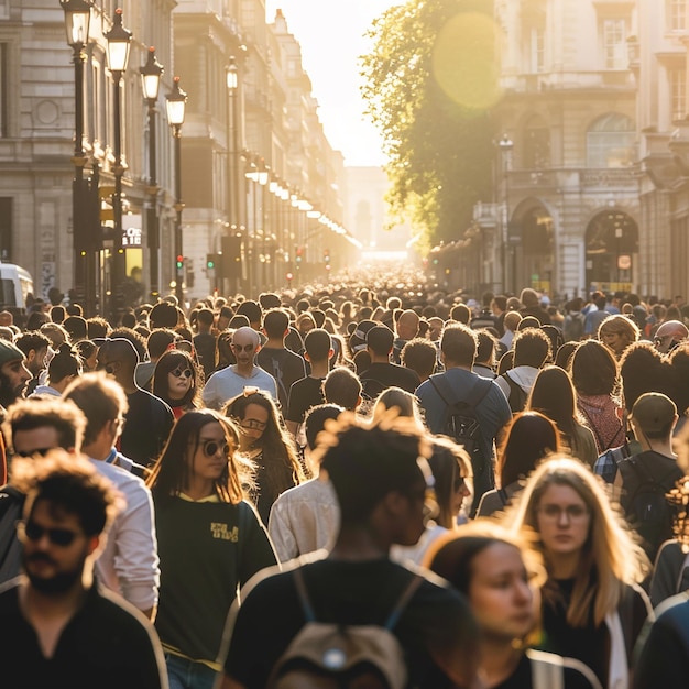 Photo a crowd of people are walking down a street with a man in a green shirt