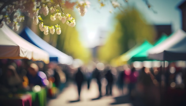 A crowd of people are walking in front of a market with a tree with white flowers