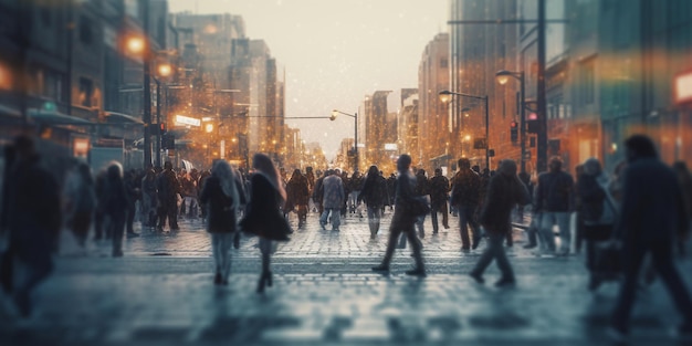 The crowd of people are walking in the street with AI generated