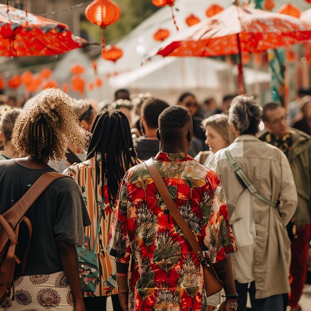 a crowd of people are walking in a street with orange lanterns