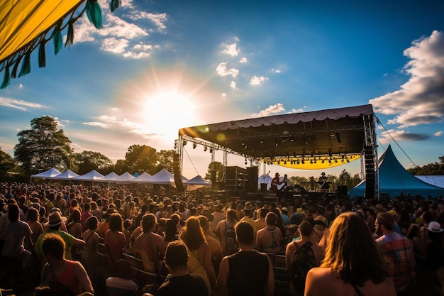 A crowd of people are watching a concert on a stage.