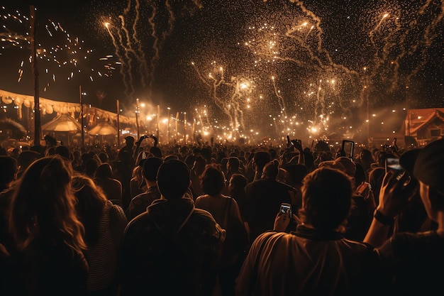 A crowd of people are watching fireworks at night