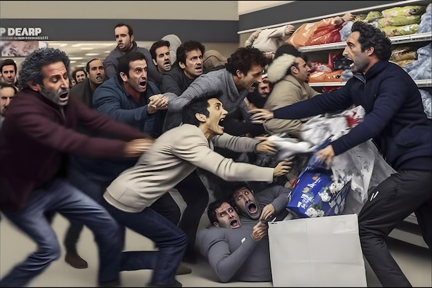 Crowd of people on black friday fighting for promotional goods Neural network AI generated