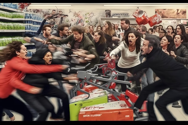 Crowd of people on black friday fighting for promotional goods Neural network AI generated