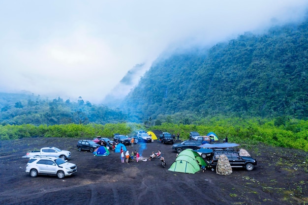 Crowd people camping in Galunggung mountain