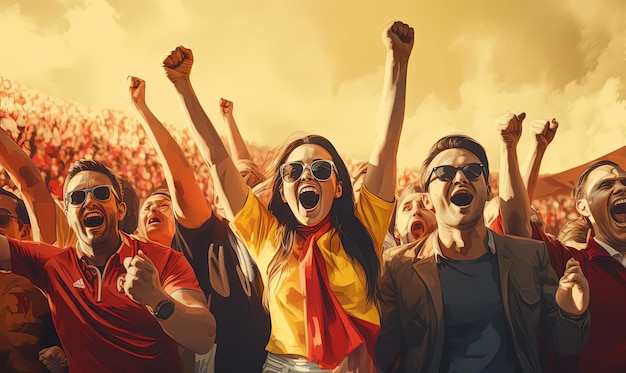 a crowd of people cheering for a soccer match in the style of light yellow and crimson