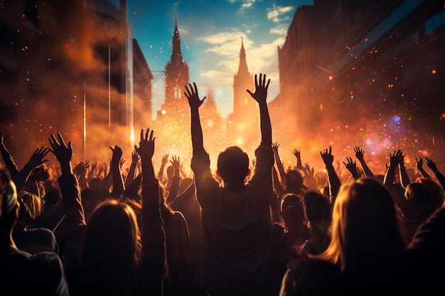 Толпа людей в городе на концерте с поднятыми руками