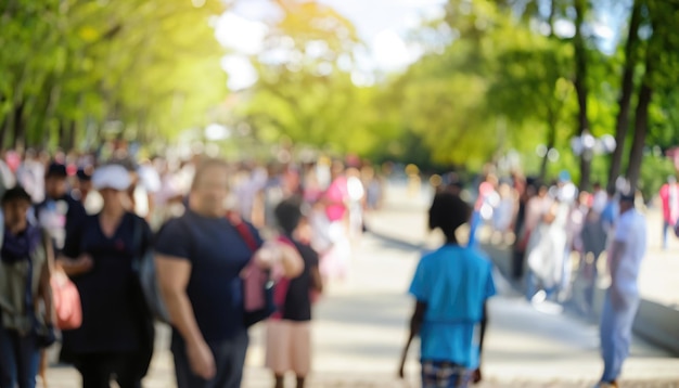 The crowd of people in a city nature park blurred background