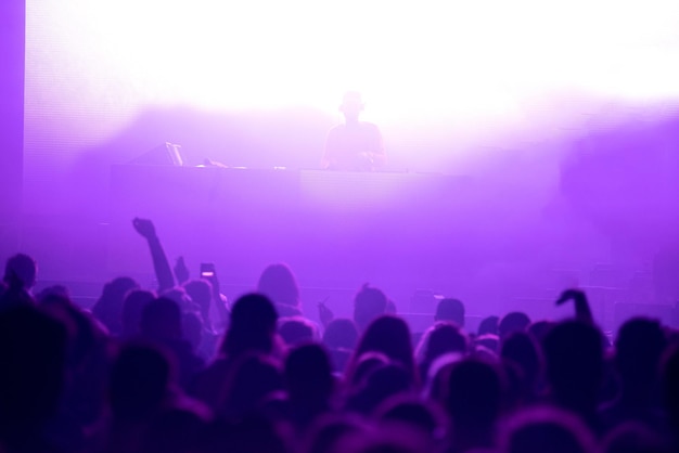 Crowd of people clubbing at live concert in the disco