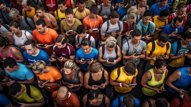 A crowd of people in colorful shirts are looking at their phones.