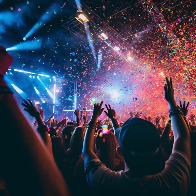 a crowd of people at a concert with confetti in the air