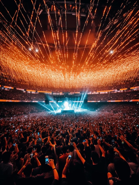 a crowd of people at a concert with fireworks in the sky generative ai