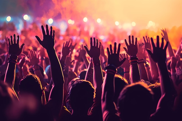 공중에 손을 들고 다채로운 조명을 가진 콘서트에서 많은 사람들