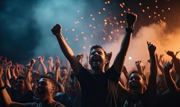 A crowd of people at a concert with their arms in the air