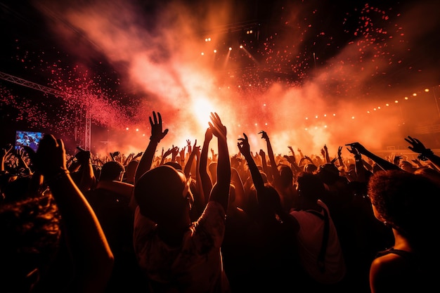 A crowd of people at a concert with their hands in the air