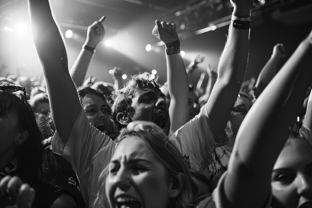 A crowd of people at a concert with their hands in the air