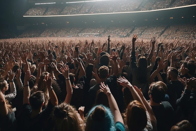 A crowd of people at a concert with their hands in the air