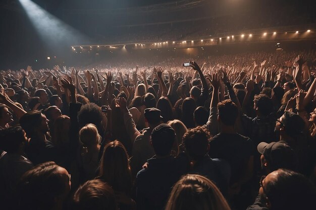 A crowd of people at a concert with their hands in the air