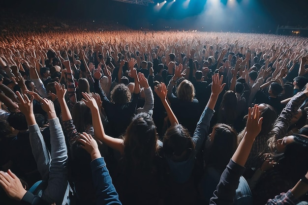 手を上げてコンサートに出席する人々の群衆