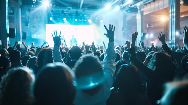 Photo crowd of people at a concert with their hands raised in the air