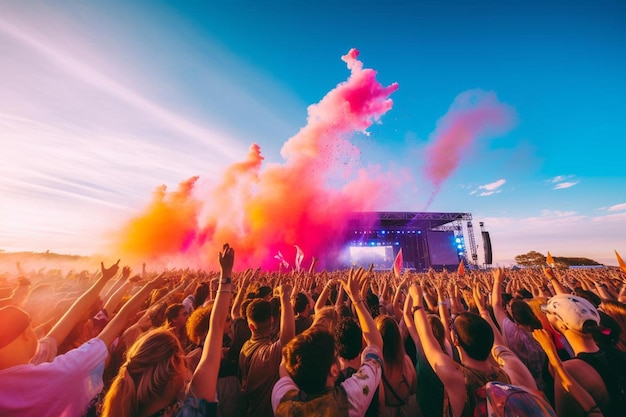 a crowd of people at a concert with the words " watch " on the stage ".