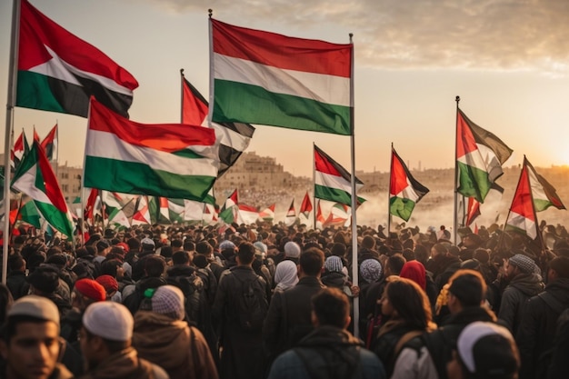 Crowd of people in the east with Palestinian flags