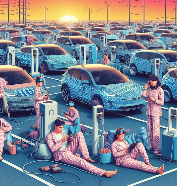 Толпа людей семья путешествует спать в машине батареи зарядной станции в то время как кормить Ev носить пижаму по ночам