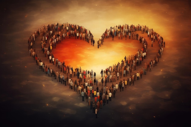 Photo crowd of people forming a heart shape abstract figurativeness miniatures love day place for text