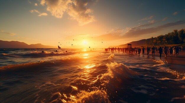 Толпа людей или друзей бежит к восходу солнца на море. Концепция путешествия на пляжный отдых. Генеративный ИИ.