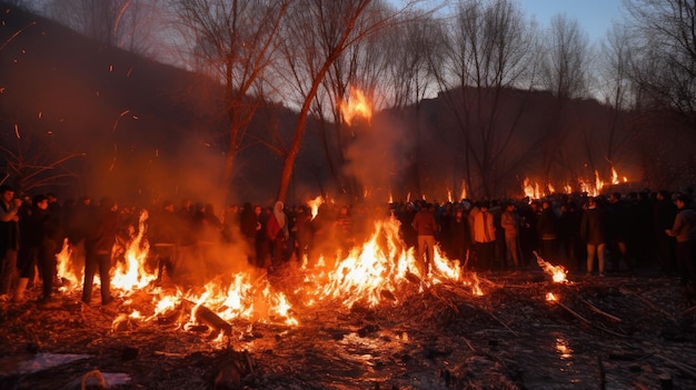 a crowd of people gather around a bonfire.