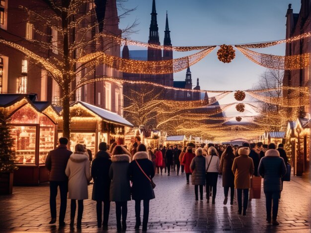 Crowd of people going to Christmas market walking in festive illuminated street buying presents p