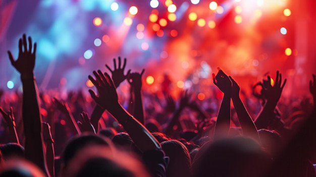 Photo crowd of people hands raised at a concert with raised hands