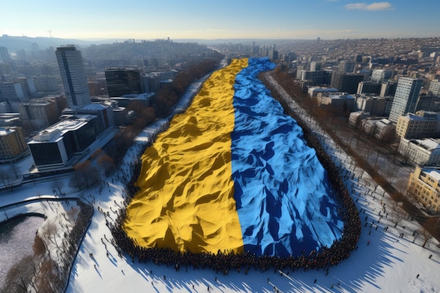 Foto folla di persone che tengono la bandiera dell'ucraina patriottismo