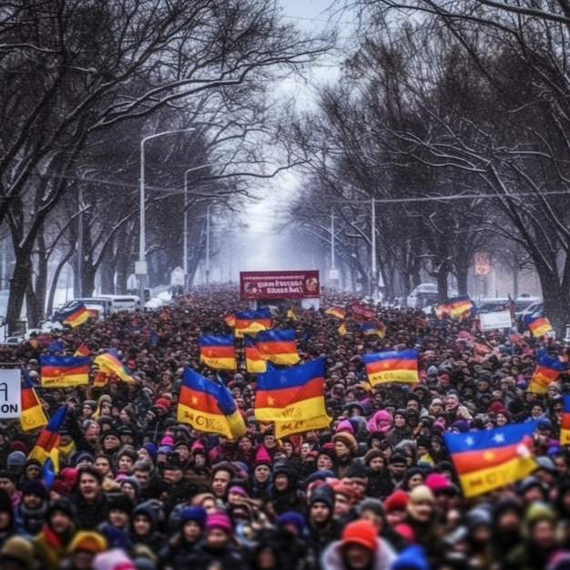 A crowd of people holding flags and banners in a street generative ai