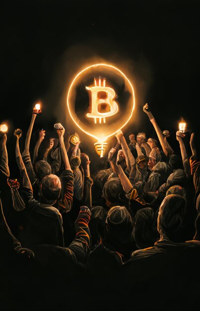 A crowd of people holding up a light with the letter b in the middle.