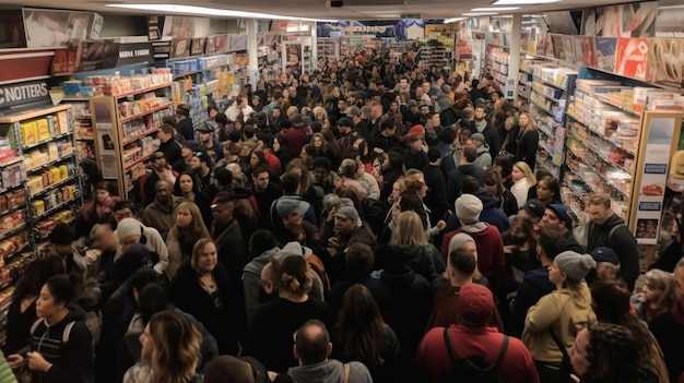 A crowd of people inside a store with a sign that says'apple'on it