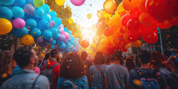 Foto folla di persone alla parata dell'orgoglio lgbt nel festival marcia per strada in estate