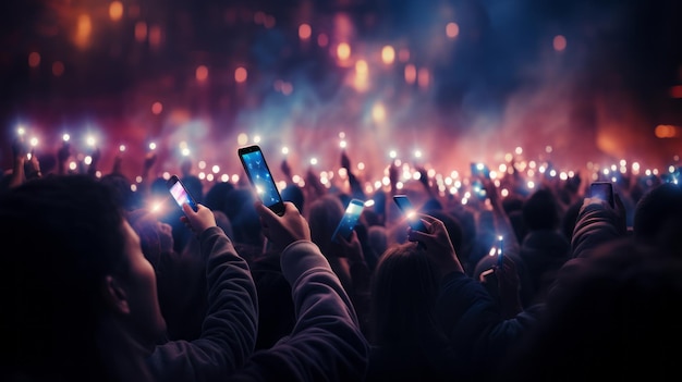 Толпа людей на концерте или вечеринке с поднятыми руками и смартфонами