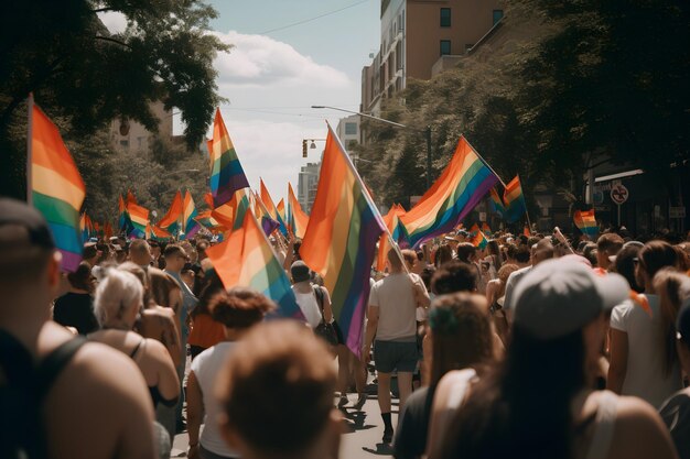 A crowd of people marching in gay pride parade with rainbow flags