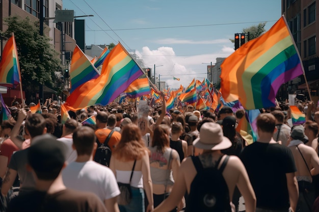 A crowd of people marching in gay pride parade with rainbow flags
