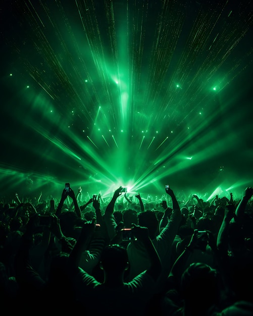 A crowd of people in a music event dancing in green color lights