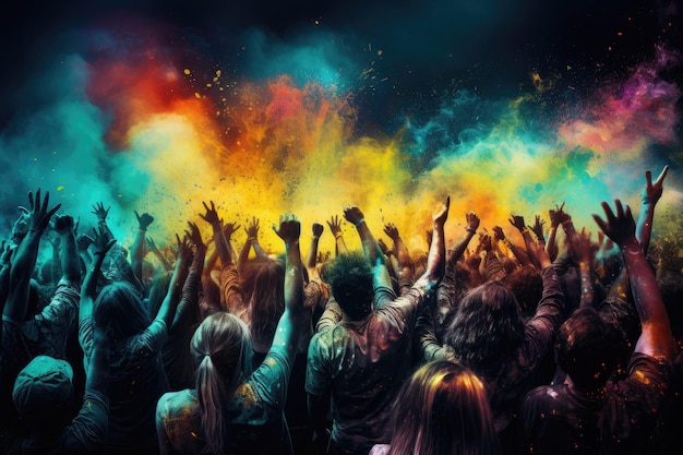 Crowd of people at a music festival Colorful holi powder explosion