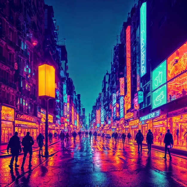 Crowd of people in neon city world at night generative ai