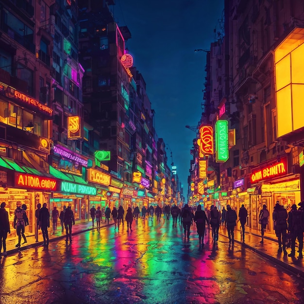 Crowd of people in neon city world at night generative AI