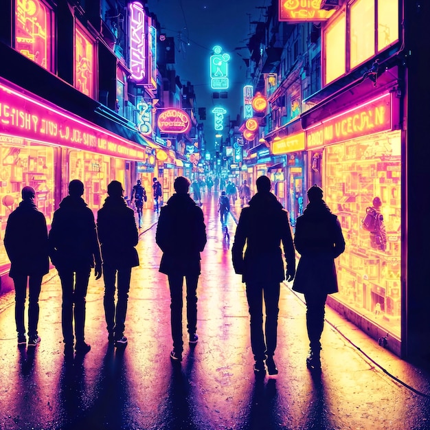 Толпа людей в неоновом городском мире ночью с генеративным ИИ
